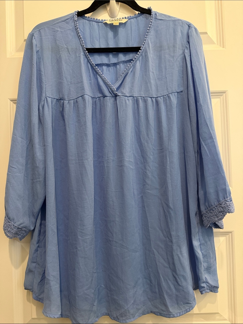 Tantrums Light Blue/Periwinkle V-Neck Peasant Blouse with Crochet Trim